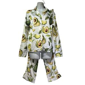 Averie Esperanza Avocado Print Pajama Set Button Front Top Pants Women’s Size S